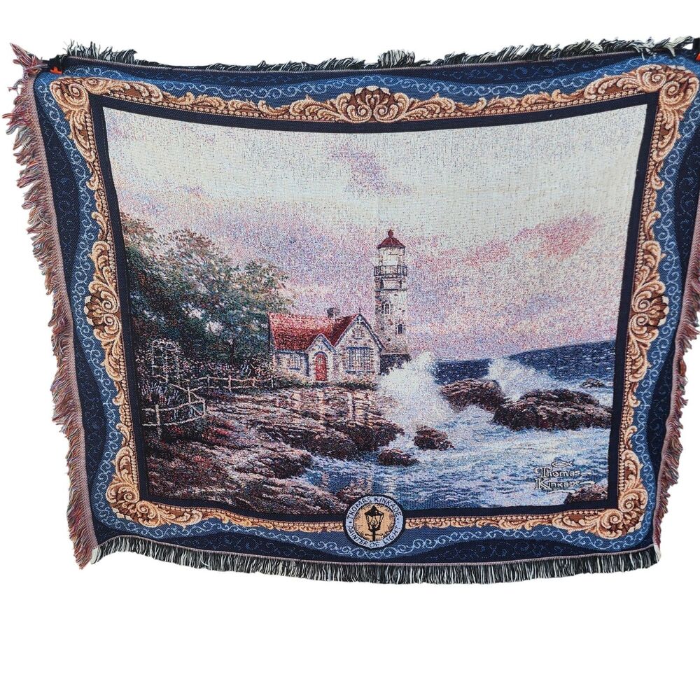 Thomas Kinkade Lighthouse Woven Throw Blanket 57x48 Painter of‎ Light Fringe